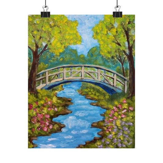 "Crossing Into Serenity" Spring Garden Bridge Poster — Matte Vertical Landscape Art Print