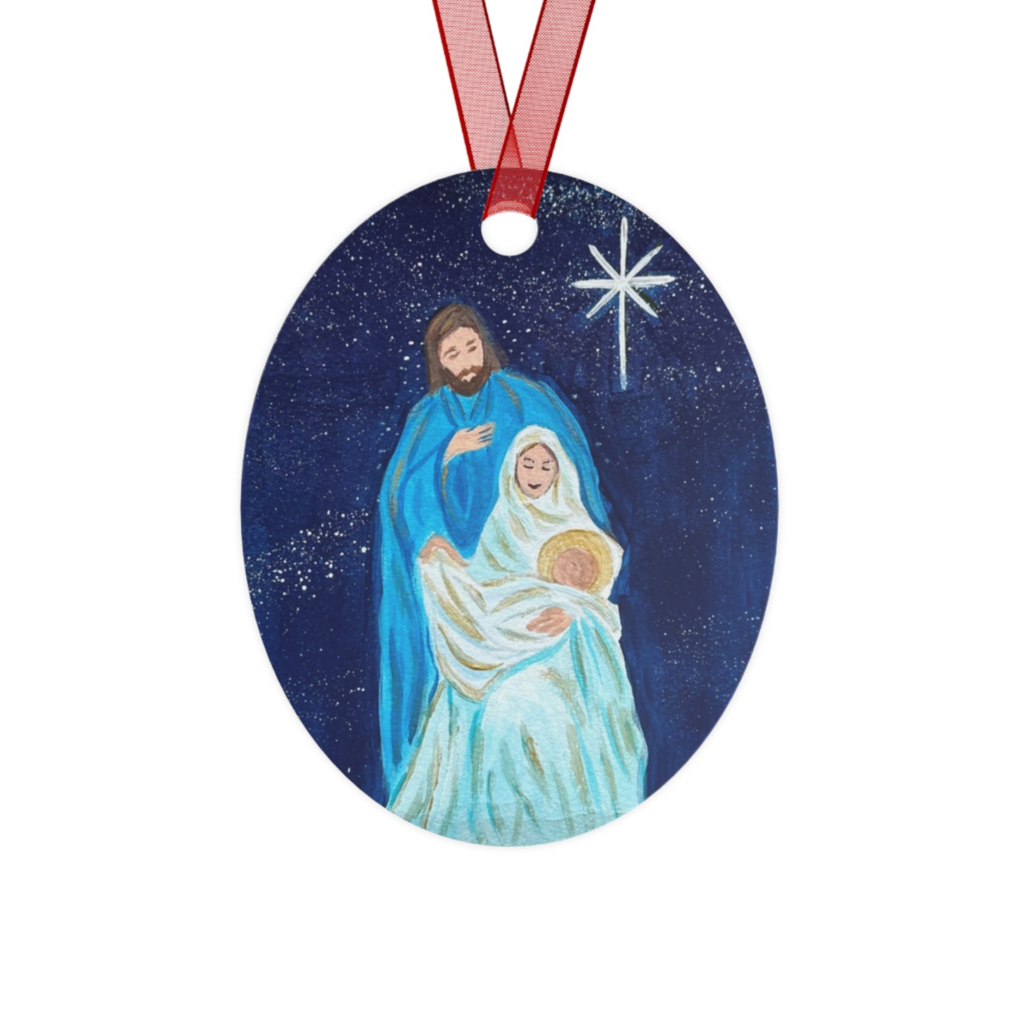 Christmas Metal Ornament - Faith-Filled Oval with Joseph, Mary, and Baby Jesus Artwork by Sherry Joy Collier