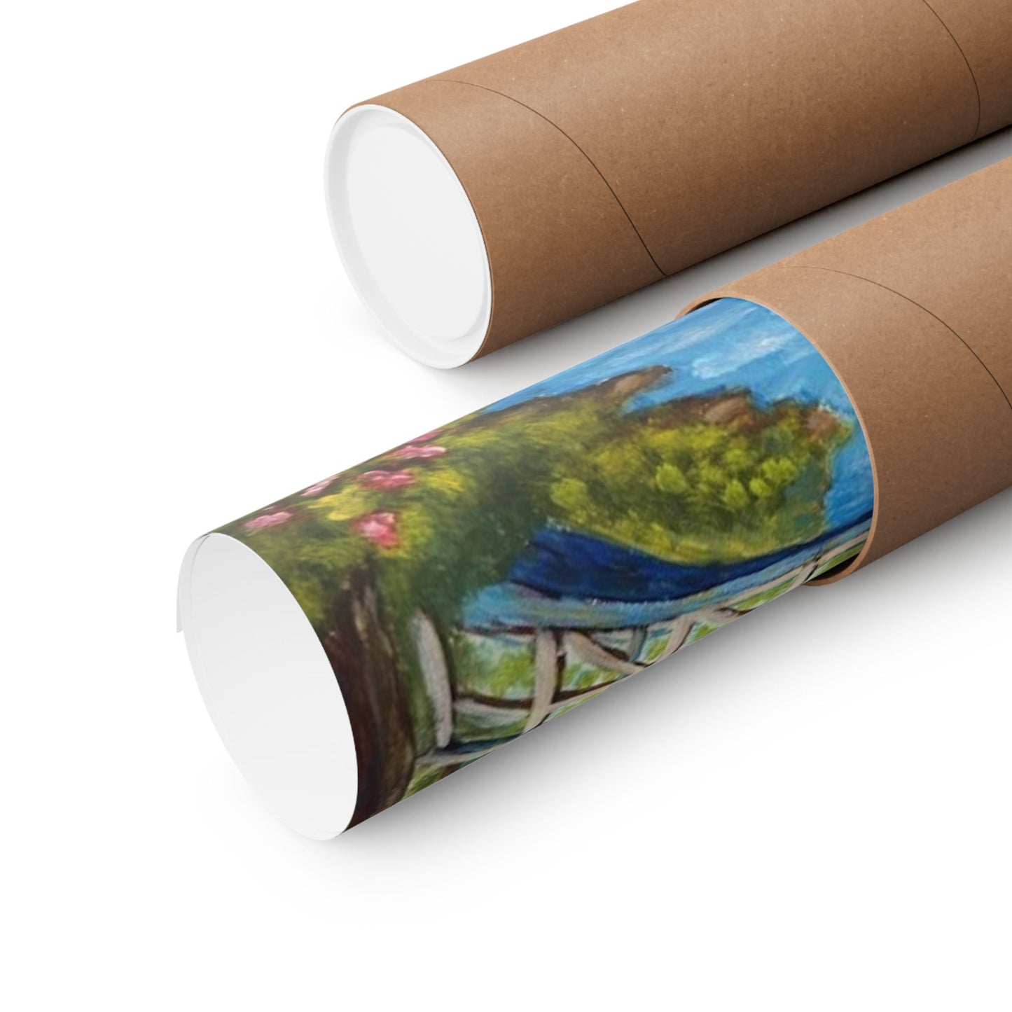 "Crossing Into Serenity" Spring Garden Bridge Poster — Matte Vertical Landscape Art Print