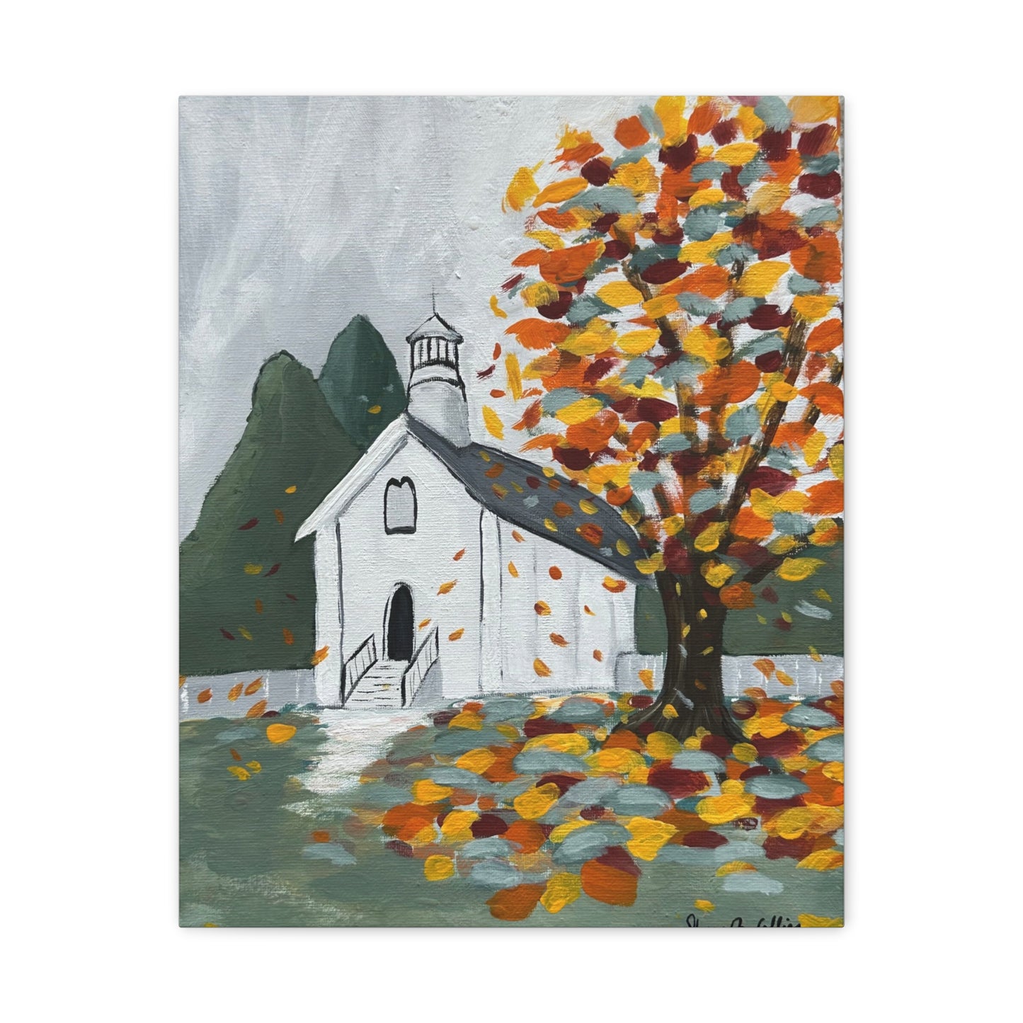 Canvas Print - Autumn Little White Church Scene