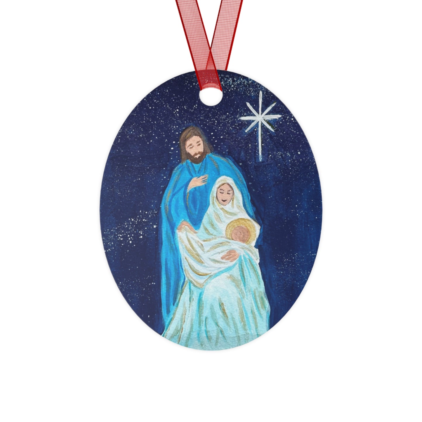 Christmas Metal Ornament - Faith-Filled Oval with Joseph, Mary, and Baby Jesus Artwork by Sherry Joy Collier