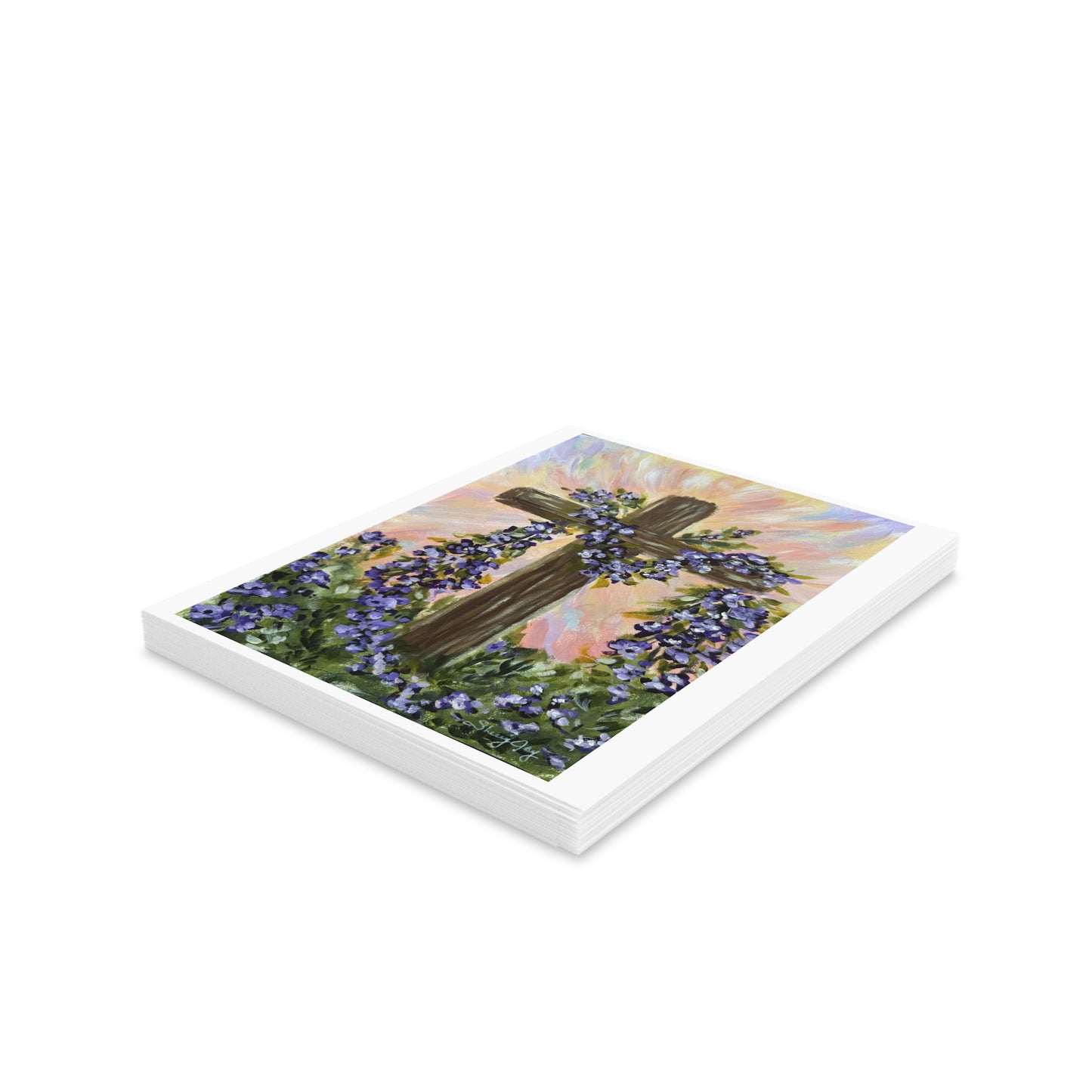 Religious Greeting Card - Cross with Purple Flowers - Blank Inside