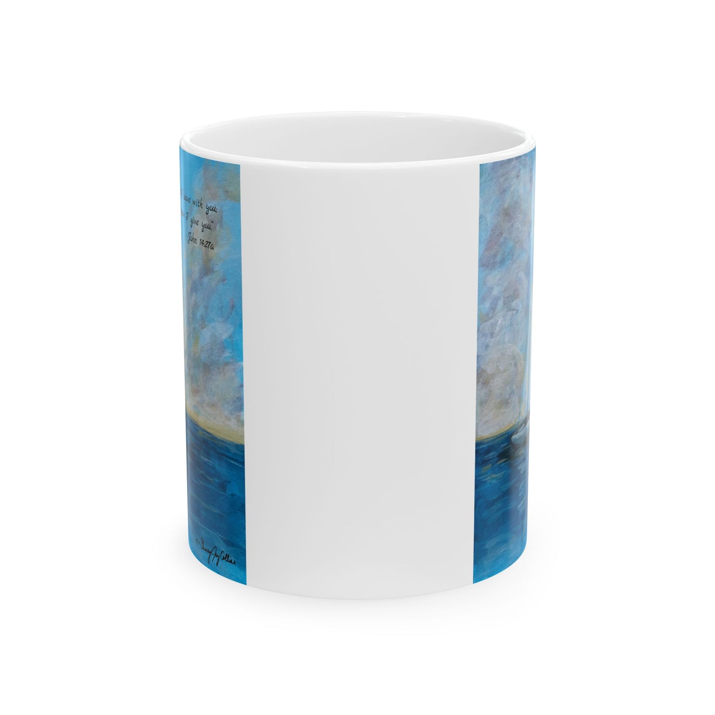 Serene Sailboat-Faith based Ceramic Mug — "Peace I Leave with You" Beach Art Coffee Cup (11oz & 15oz)