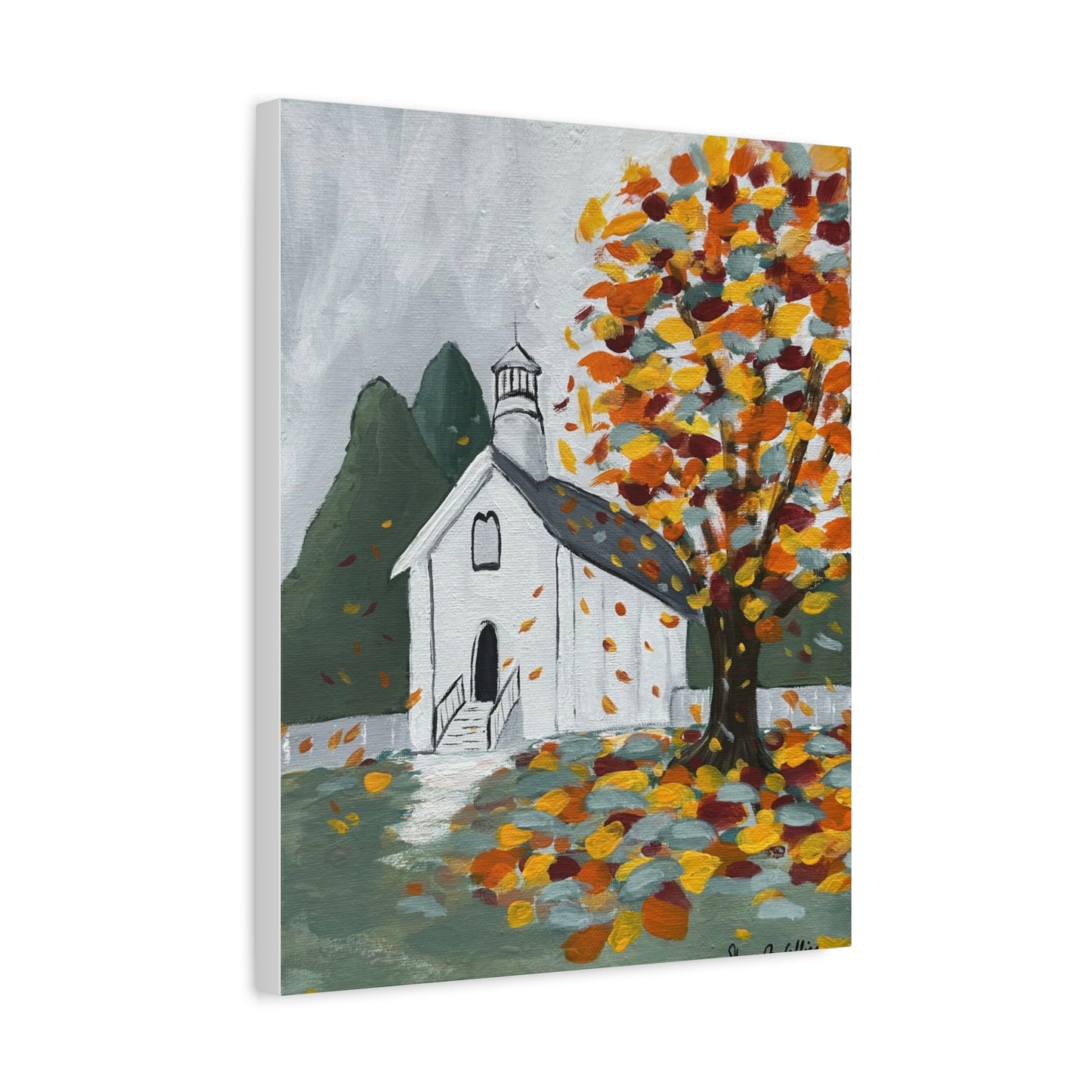 Canvas Print - Autumn Little White Church Scene