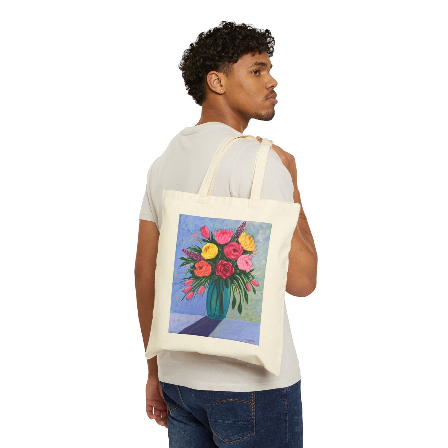 "A Burst of Flowers" Cotton Canvas Tote Bag with Original Artwork by Sherry Joy Collier