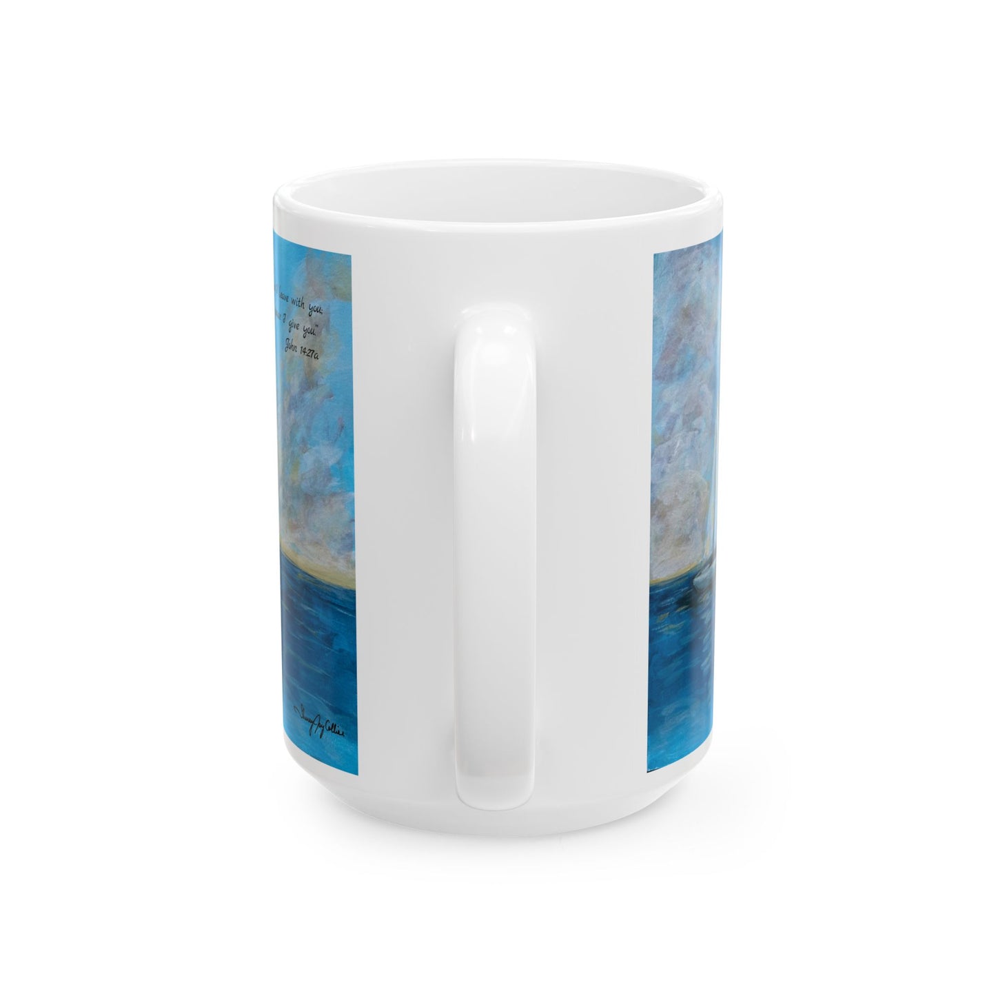 Serene Sailboat-Faith based Ceramic Mug — "Peace I Leave with You" Beach Art Coffee Cup (11oz & 15oz)