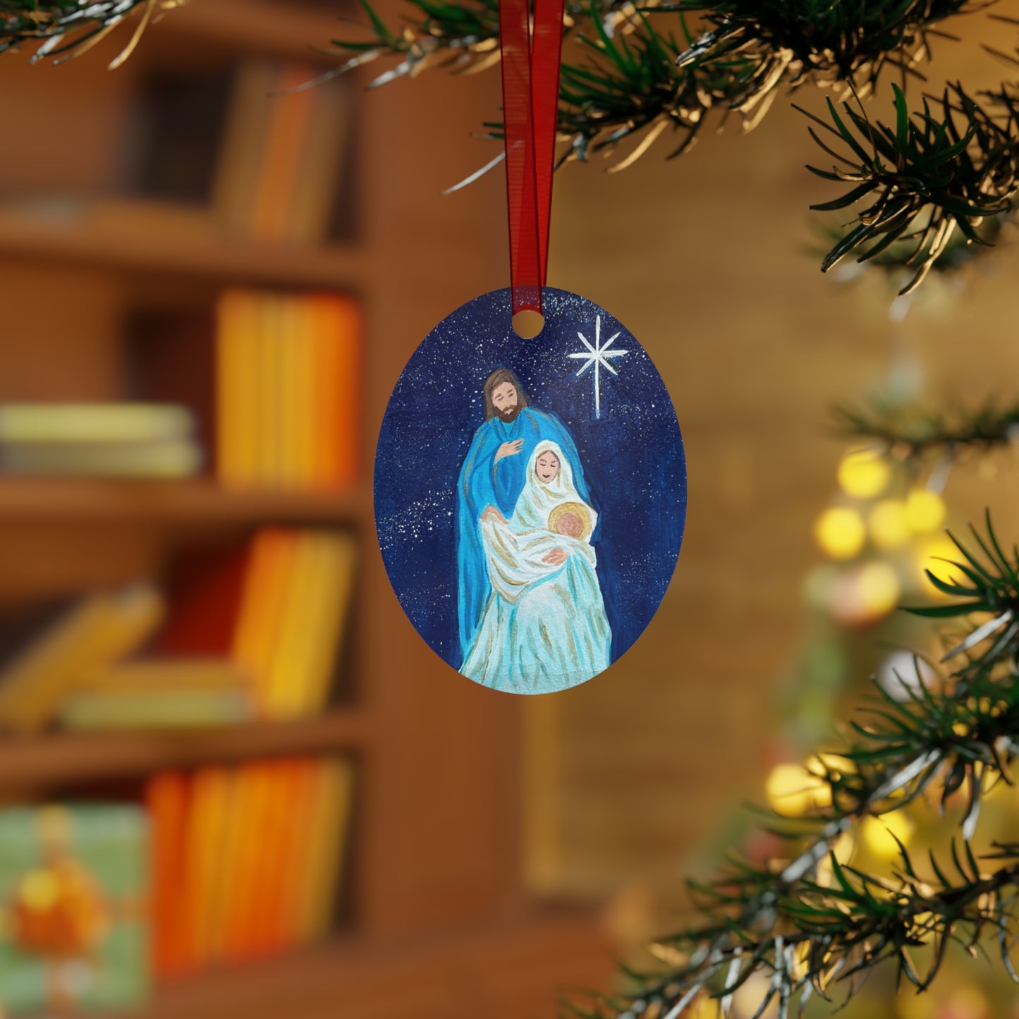 Christmas Metal Ornament - Faith-Filled Oval with Joseph, Mary, and Baby Jesus Artwork by Sherry Joy Collier