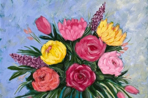 Original painting of bright colorful florals in a vase
